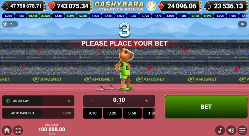 Cashybara Athletics Edition - hovedskærmen for løbet med multiplikator tæller