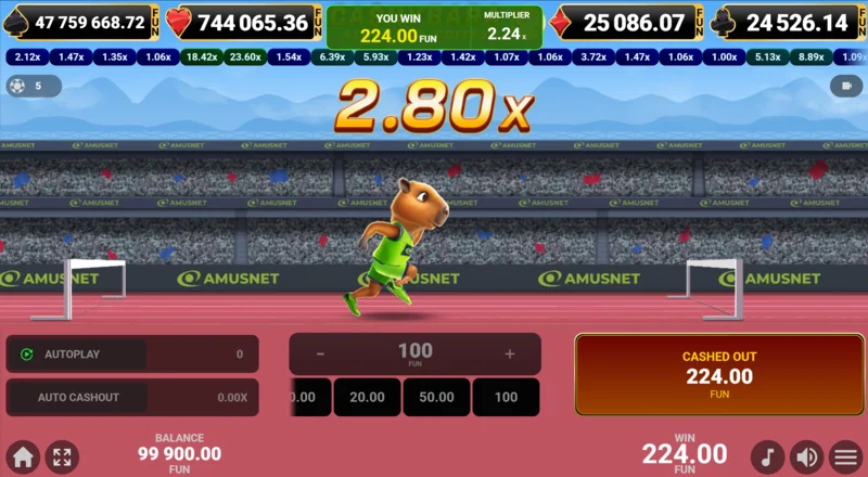 Cashybara Athletics Edition - en vellykket cash-out og gevinst tilskrives